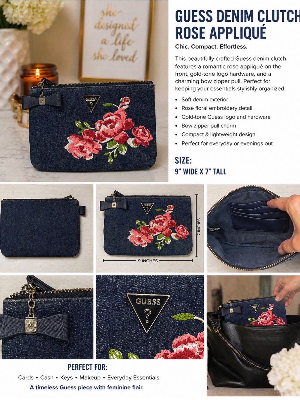 GUESS Denim Clutch with Rose embroidered